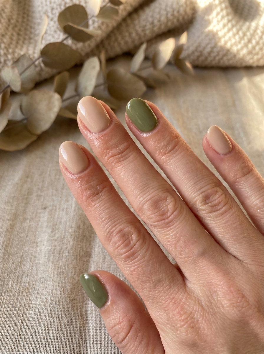 Olive Micro Accent Nails auf kurzen gepflegten Nägeln im Herbst 2026